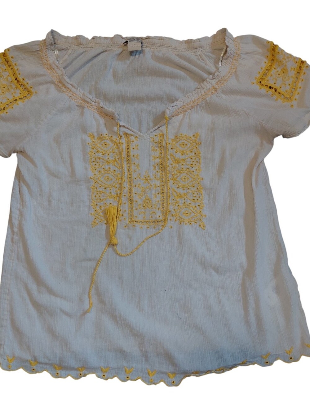 Lucky Brand Nigori M/ Yelloe Embroidered Boho Chic  Style Peasant Top  Size M